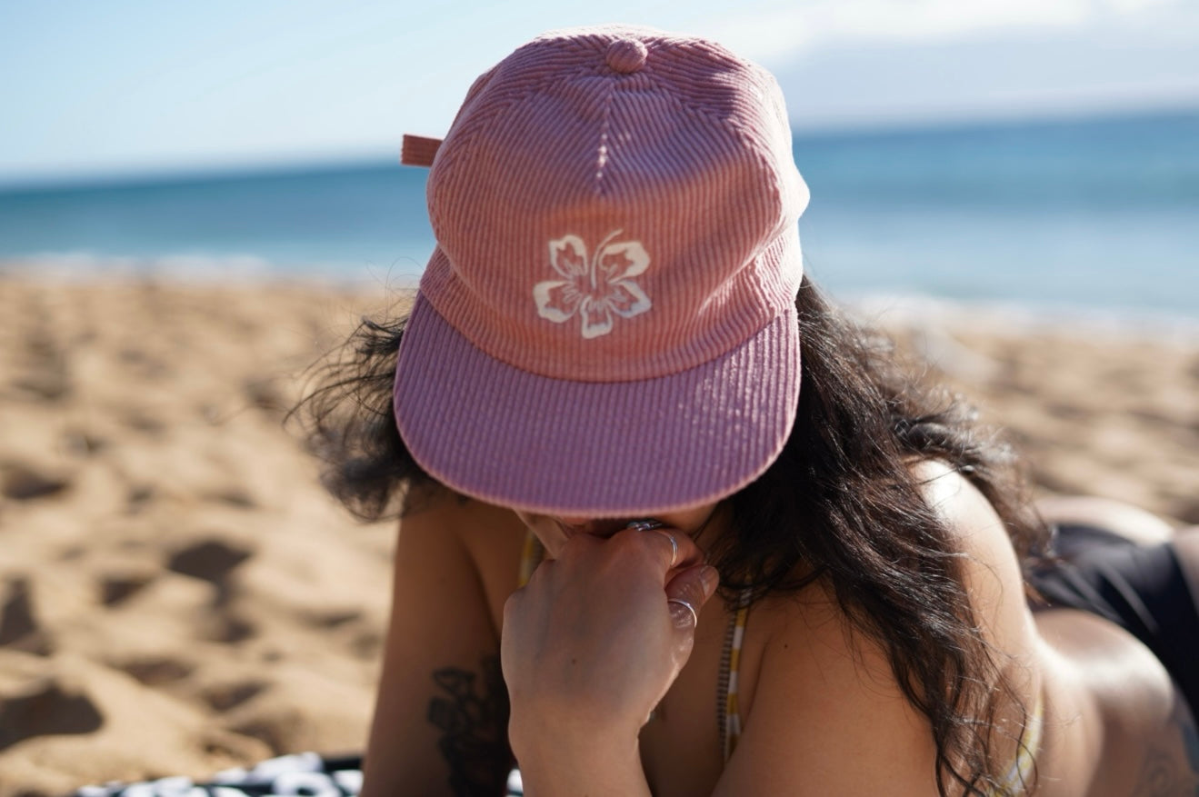 Flat billed corduroy Maui hat with hibiscus design - Hawaiian beach hat by Hoʻolawa Maui