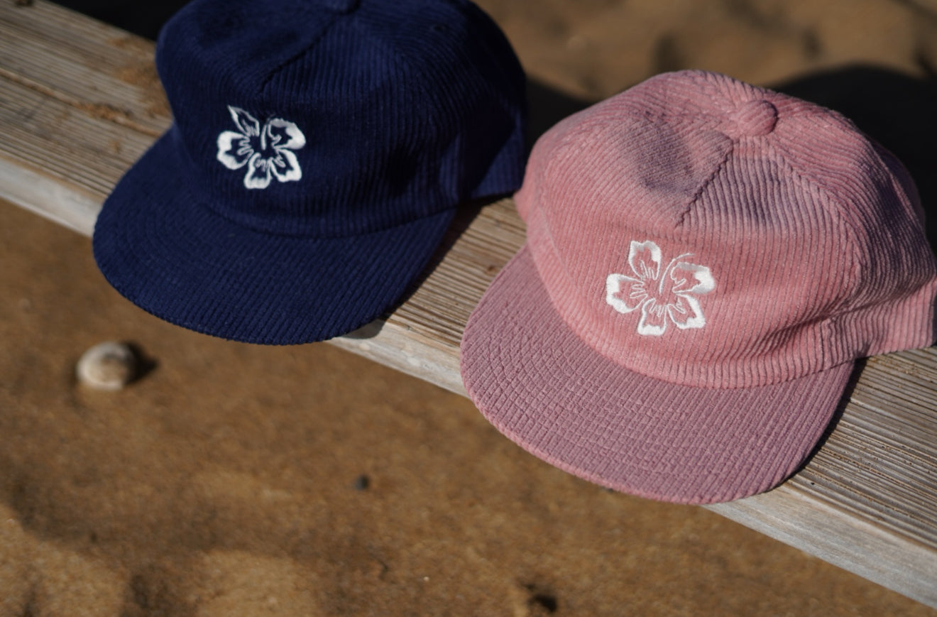 Flat billed corduroy Maui hat with hibiscus design - Hawaiian beach hat by Hoʻolawa Maui