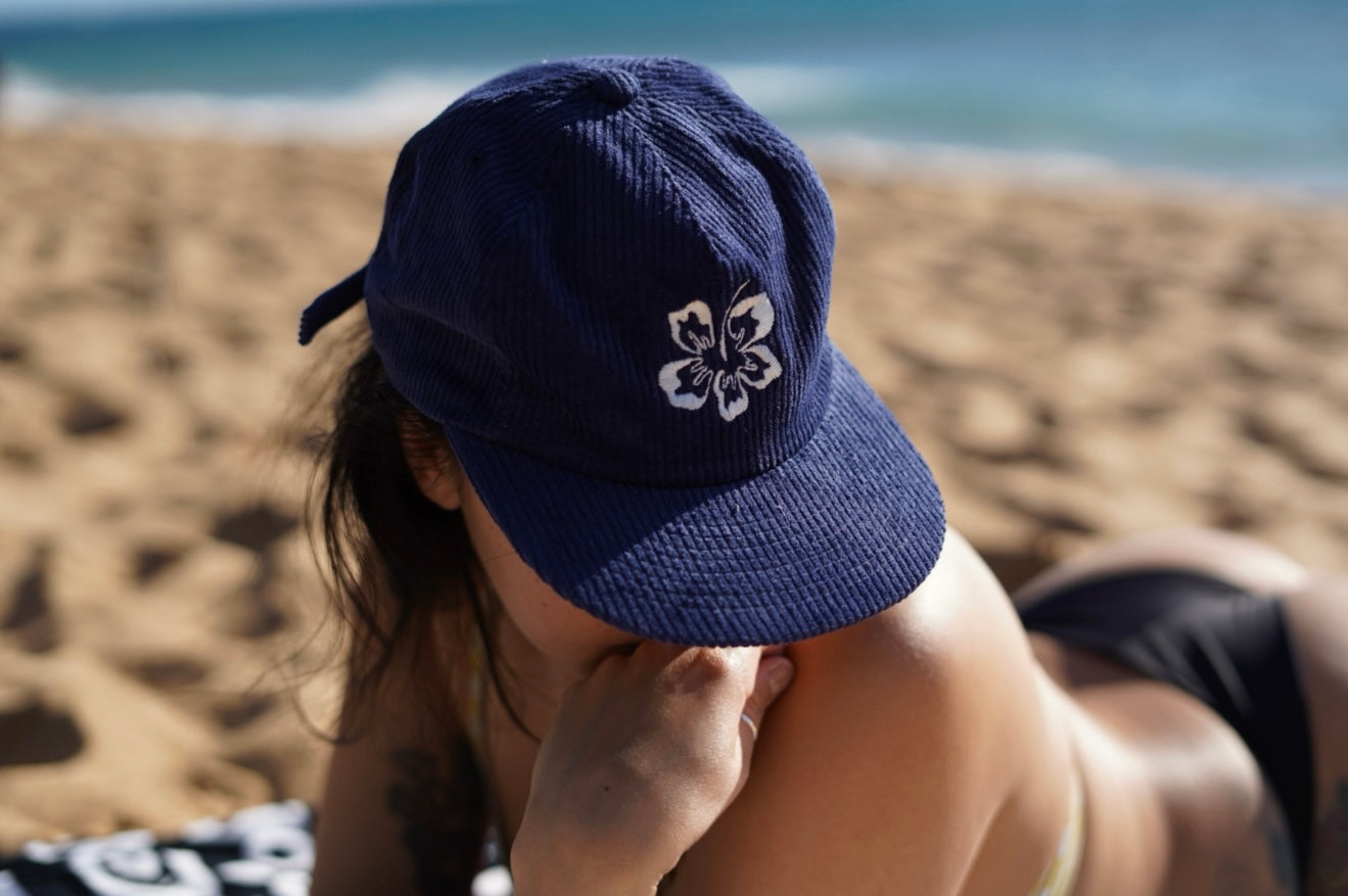Flat billed corduroy Maui hat with hibiscus design - Hawaiian beach hat by Hoʻolawa Maui